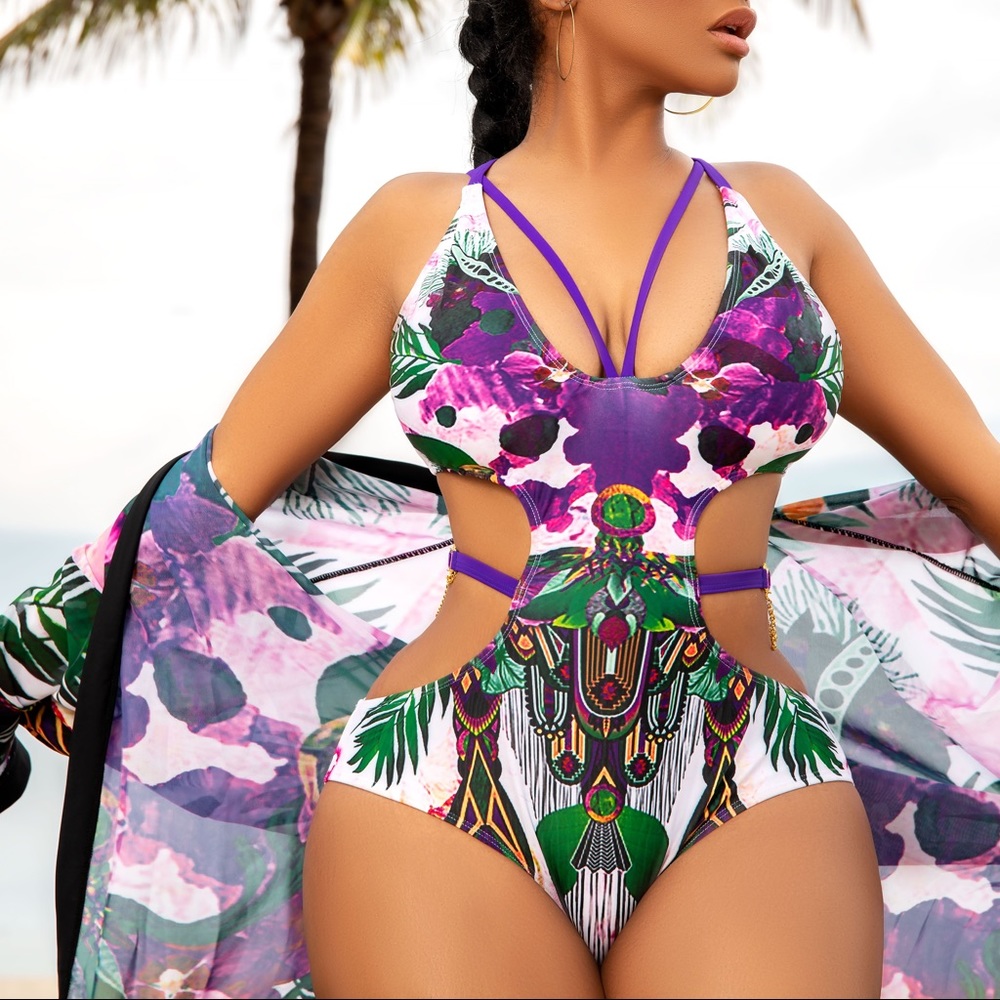 🌺One piece luxury monokini purple floral swimsuit